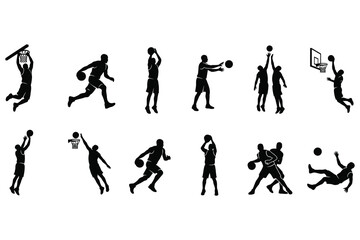 Obraz premium Basketball players in action are depicted through dynamic black silhouettes showing various game moves.