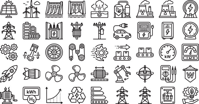 Energy and Power Industry Icon Set Featuring Electricity, Oil, Gas, Renewable Systems, Machinery, and Industrial Infrastructure