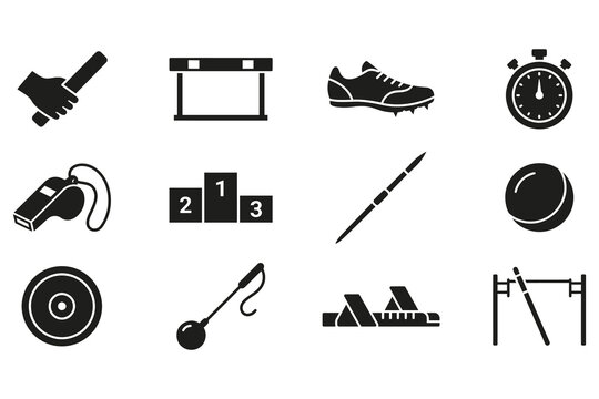 Athletics icons representing track and field sports equipment are organized in a structured collection.