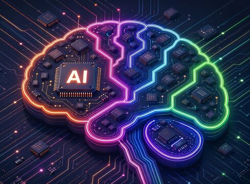 Futuristic Artificial Intelligence Brain Made of Neon Microchips and Digital Circuits Representing Advanced AI Technology