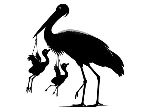 A silhouette illustration of a stork carrying two baby birds. The bird is tall with long legs and a long beak