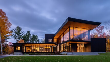Obraz premium A modern architectural structure with expansive glass walls, surrounded by autumn foliage