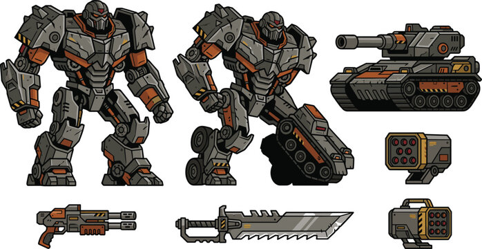Futuristic Robot Mecha Warrior and Battle Tank Transformation Vector Set with Sci-Fi Weapons, Military Armor Suits, and Cybernetic Combat Machine Designs
