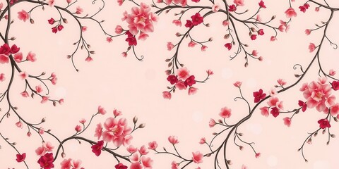 Fototapeta premium Delicate Pink and Red Blossoms on Branching Stems, a Floral Design for Fabric or Wallpaper