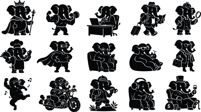 Set of black silhouette cartoon elephant characters in various daily activities and different professions