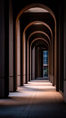 Fototapeta premium Dimly lit corridor with archways casting long shadows, creating a dramatic architectural effect