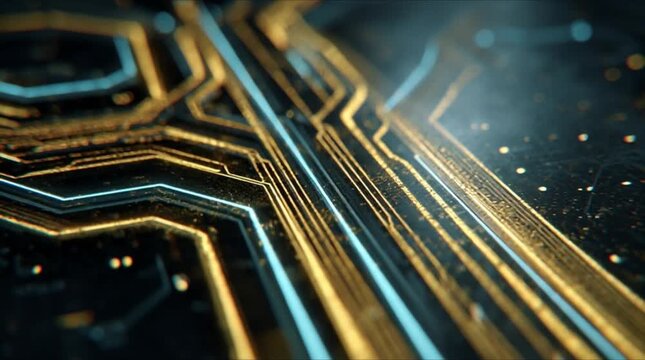 Hyper-Detailed AI Microchip Circuit Board with Golden Wireframe and Luminous Data Flows (AI Generated)