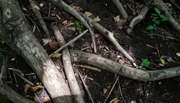 Fallen forest branches and debris on the woodland floor, showcasing natural decay and textures
