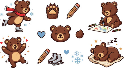 Cute Bear Illustration Set with Ice Skating, Drawing, Sleeping, and Playful Activities for Kids, Winter, and Animal Themes © Sanjida