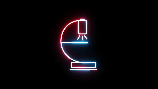 Glowing neon laboratory microscope icon animation.