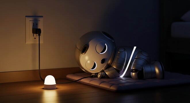 Cute Little Robot Sleeping on Floor While Charging Battery at Night