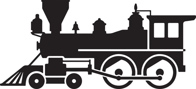 Vintage steam locomotive, black silhouette, train icon, railroad vehicle