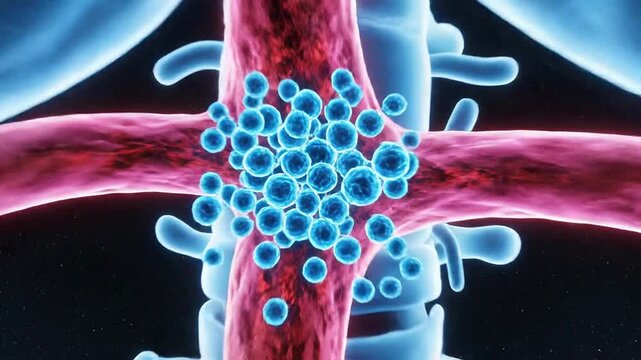 Stunning 3D Visualization of Human Nervous System Featuring Glowing Neurons in Blue and Pink Against a Starry Background for Medical and Educational Use