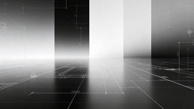 Architectural blueprint overlay on reflective studio background &mdash; modern mockup for design and presentations