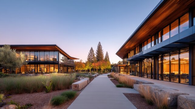 Modern architectural structures surrounded by landscaped gardens in evening twilight
