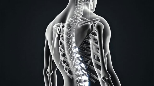 Stylized Anatomical Illustration of Human Skeleton and Ribcage Displaying Spine and Thoracic Cavity Against Dark Studio Background for Medical and Educational Use