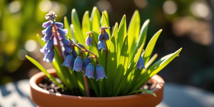 Springtime blooms in a terracotta pot, bathed in sunlight, showcasing vibrant blue flowers and lush green foliage.