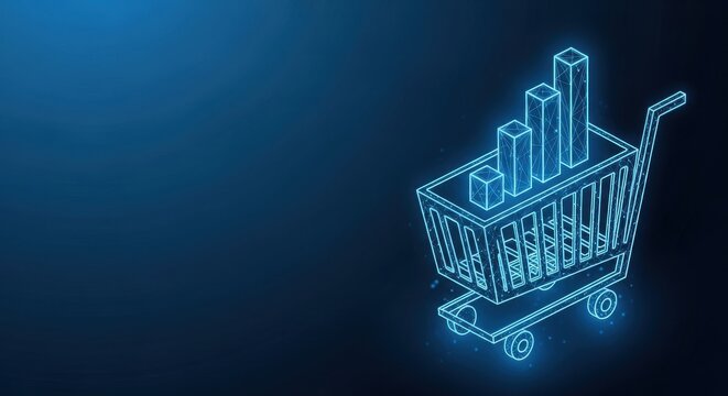 Shopping cart filled with rising bar graph symbolizing business growth and commerce analytics