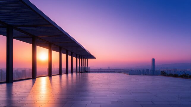 A serene rooftop view at sunset, showcasing a vibrant sky and modern architecture