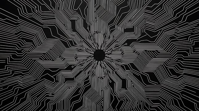 Abstract futuristic digital circuit board design with intricate white lines radiating from a central dark circle