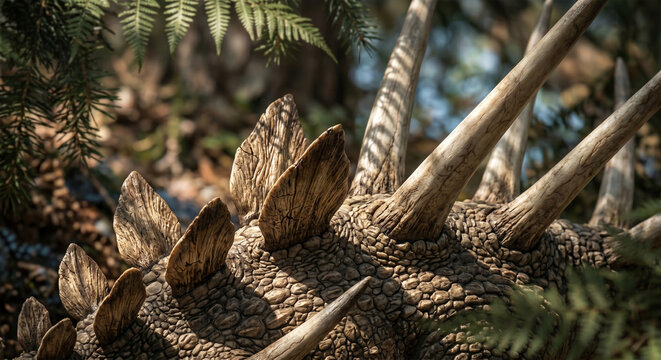 A macro-detail shot focusing purely on the intersection of the small plates and the beginning of the long spikes on a Kentrosaurus's back. 