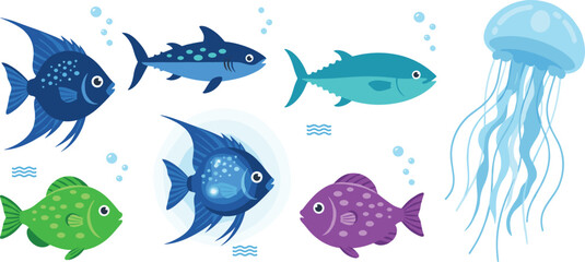 Colorful underwater marine life vector illustration with tropical fish, jellyfish, bubbles, and ocean wildlife in vibrant cartoon style © Sheikh
