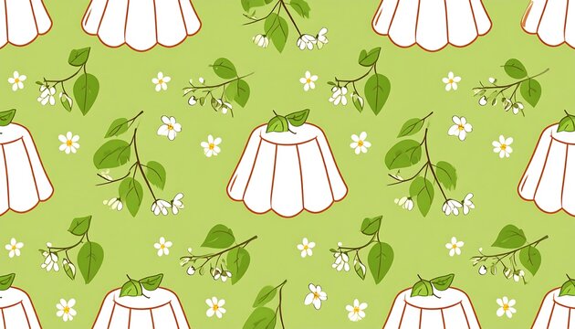 A repeating pattern on a green background featuring illustrated gelatin desserts and sprigs of white flowers and green leaves