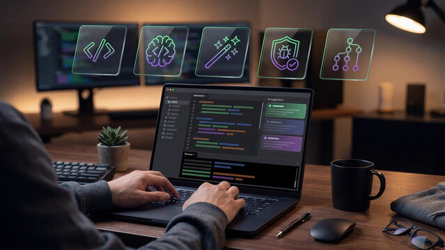 Software developer using laptop with green holographic AI coding icons, modern programming technology background for automation, cybersecurity, workflow structure and smart tools