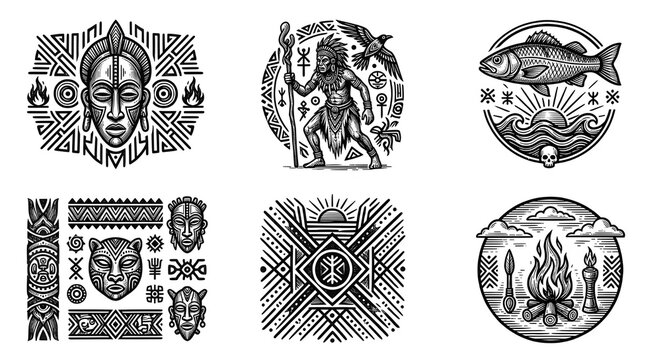 African Tribal Ethnic Symbols Illustration Set - Vintage Woodcut Engraving Style Ritual Masks, Shaman, and Occult Spiritual Elements