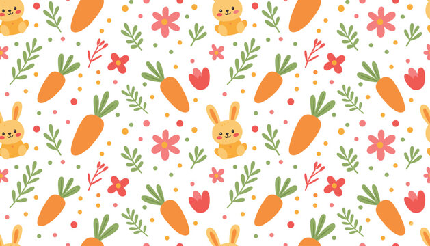 Cute bunny and carrot seamless pattern vector illustration with flowers, leaves, and playful spring Easter design artwork