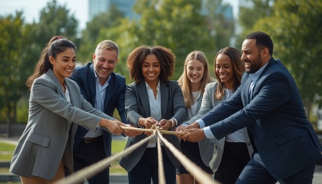 Diverse group of business professionals engaged in a tug-of-war symbolizing teamwork and unity team building shared effort teamwork collaboration business professionals corporate diversity