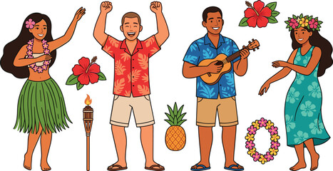 Hawaiian Beach Party Illustration Set with Hula Dance, Ukulele, Pineapple, and Tropical Flowers for Summer, Vacation, and Island Themes © Sanjida