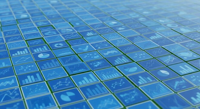Abstract blue grid of digital screens displaying various financial charts and data visualizations
