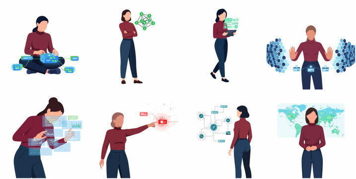 Flat vector illustration set of a female IT specialist interacting with virtual data interfaces, cybersecurity nodes, and global network dashboards on white background.