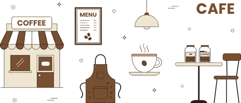 Minimalist coffee shop vector illustrations with caf&eacute; building, menu, cup, barista apron, table, and warm brown design artwork