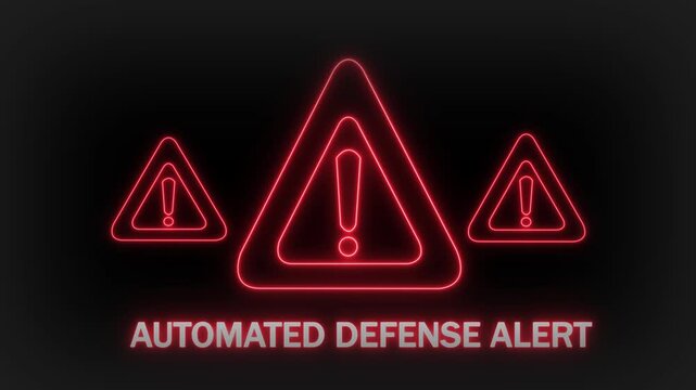 Three vivid red neon warning triangles with exclamation marks inside are presented on a dark background with the text AUTOMATEDEFENSEALERT illuminated below them