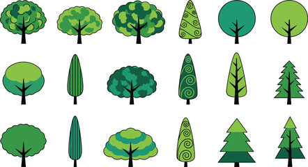 Stylized tree vector illustrations with diverse shapes, green foliage, coniferous and broadleaf designs, and decorative nature artwork © Sheikh