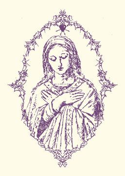 Virgin mary illustration in ornate frame with religious christianity portrait devotion virginity motherhood contemplative peaceful illustration decorative filigree renaissance cultural