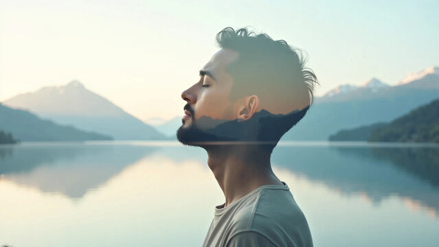 International Day of Yoga Concept: Double Exposure of Peaceful Man and Mountain Landscape for Mindfulness, Mental Health, and Inner Peace