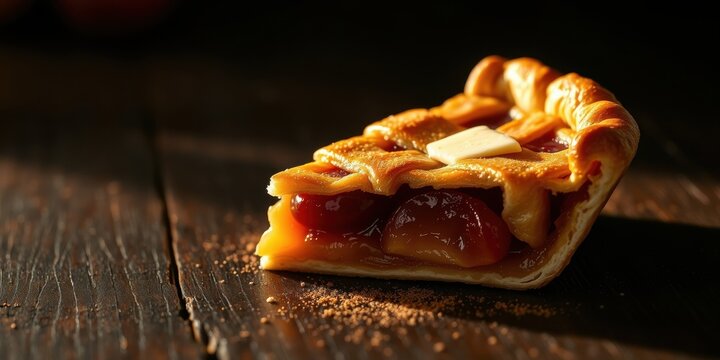 A delectable slice of fruit pie, golden-brown crust, sweet filling, and a pat of butter