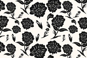 Black floral damask pattern on white fabric background, seamless textile design © WAQAS JATT