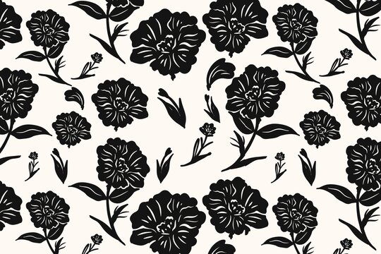 Black floral damask pattern on white fabric background, seamless textile design