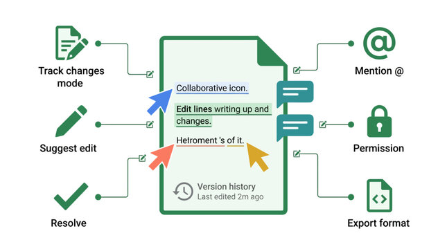 Collaborative icons, workflow symbols, document editing signs, green outline graphics, productivity set