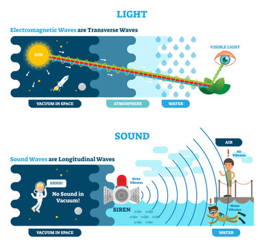 Longitudinal and Transverse wave type, illustration scientific diagram with wave structure and difference, transparent background. Sonic and visual perception principle.