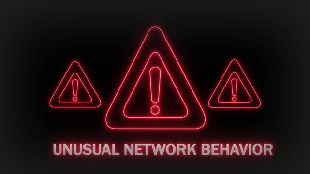 Three glowing red neon warning triangles with exclamation marks inside them arranged in a horizontal line with the text UNUSUALNETWORKBEHAVIOR displayed below them on a dark