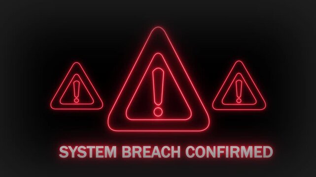 Three glowing red neon warning triangles with exclamation marks inside them arranged in a horizontal line with the text SYSTEMBREACHCONFIRMED displayed below them on a dark