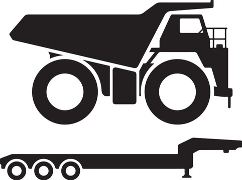 Industrial mining truck, dump truck, trailer, heavy equipment, silhouette icons