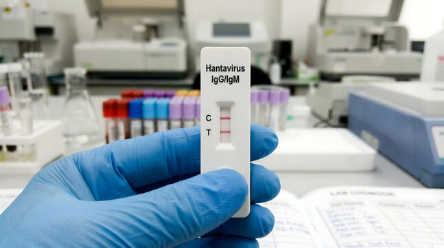 Hand in Blue Glove Holding Positive Hantavirus Rapid Test Cassette for IgG and IgM Antibodies in Clinical Laboratory Setting