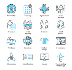 Naklejka premium Affinity marketing icon collection set, transparent background. Market and e commerce or ads strategy illustration. Symbols of company partnership, members, bonding and incentives.