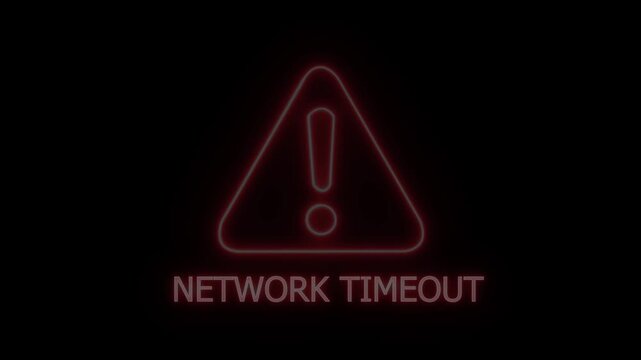 A luminous red neon triangular hazard symbol featuring an exclamation mark and the words NETWORKTIMEOUT displayed in glowing neon letters against a deep black background indicating a